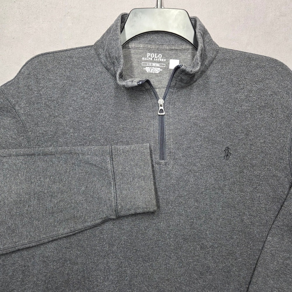 Polo Ralph Lauren Mens Large Grey Herringbone Quarter Zip Pullover Sweater